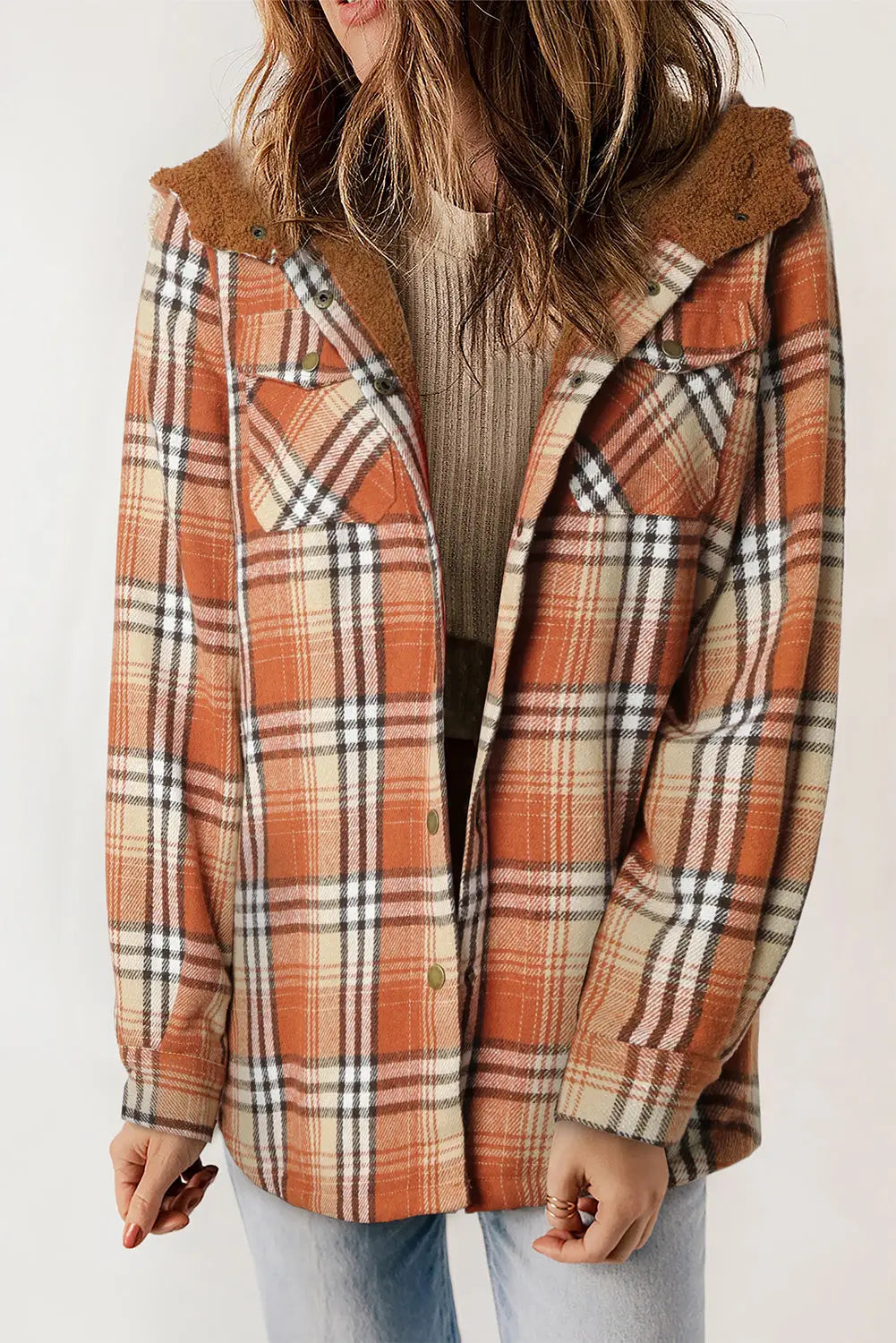 Orange plaid pattern sherpa lined hooded shacket - 2xl / 100% polyester - shackets