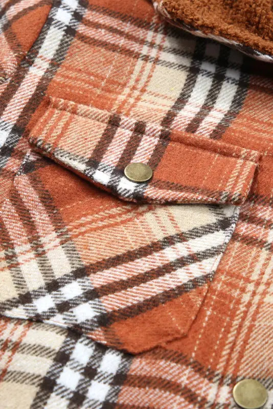 Orange plaid pattern sherpa lined hooded shacket - shackets