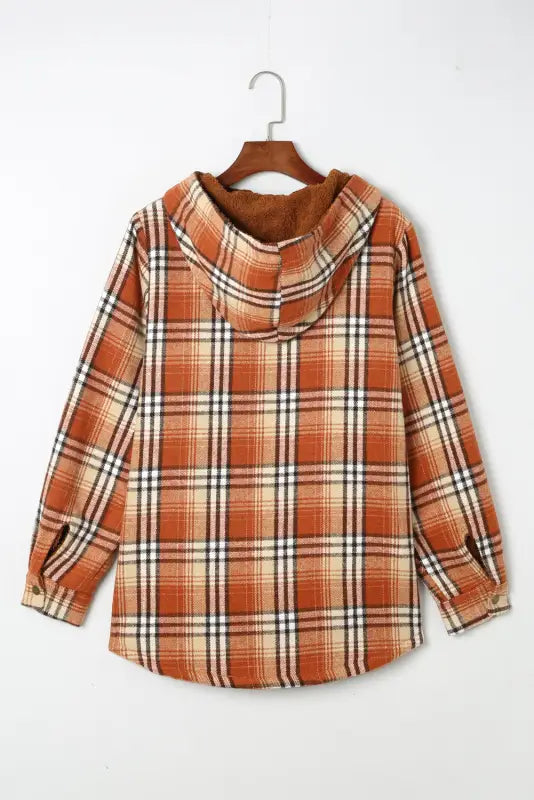 Orange plaid pattern sherpa lined hooded shacket - shackets