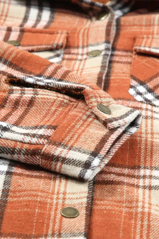 Orange plaid pattern sherpa lined hooded shacket - shackets