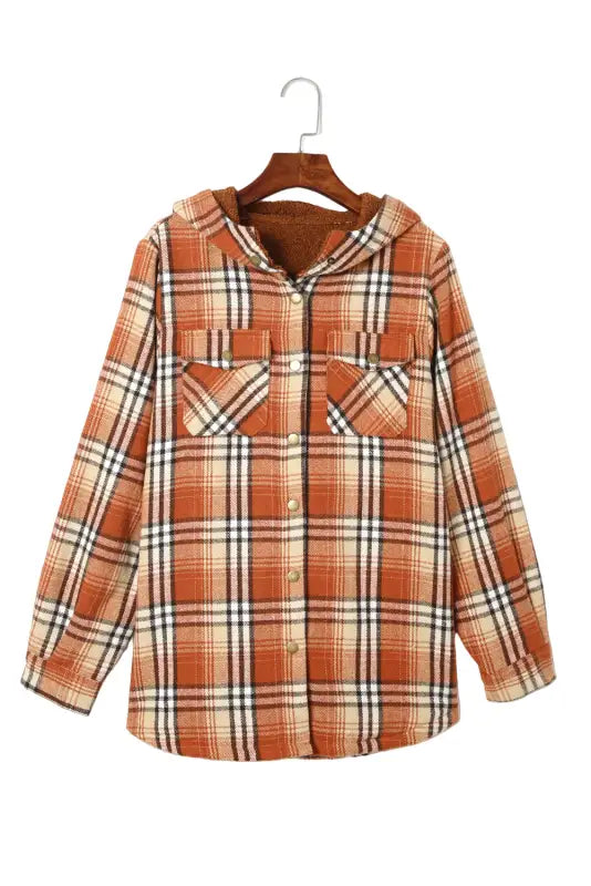 Orange plaid pattern sherpa lined hooded shacket - shackets