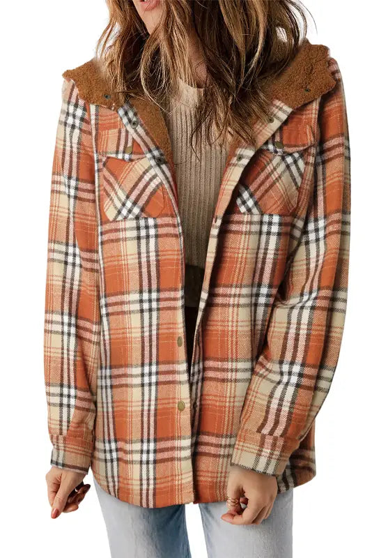 Orange plaid pattern sherpa lined hooded shacket - shackets