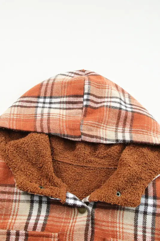 Orange plaid pattern sherpa lined hooded shacket - shackets