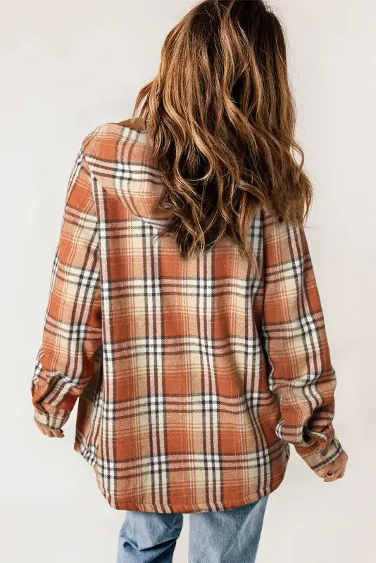 Orange plaid pattern sherpa lined hooded shacket - shackets