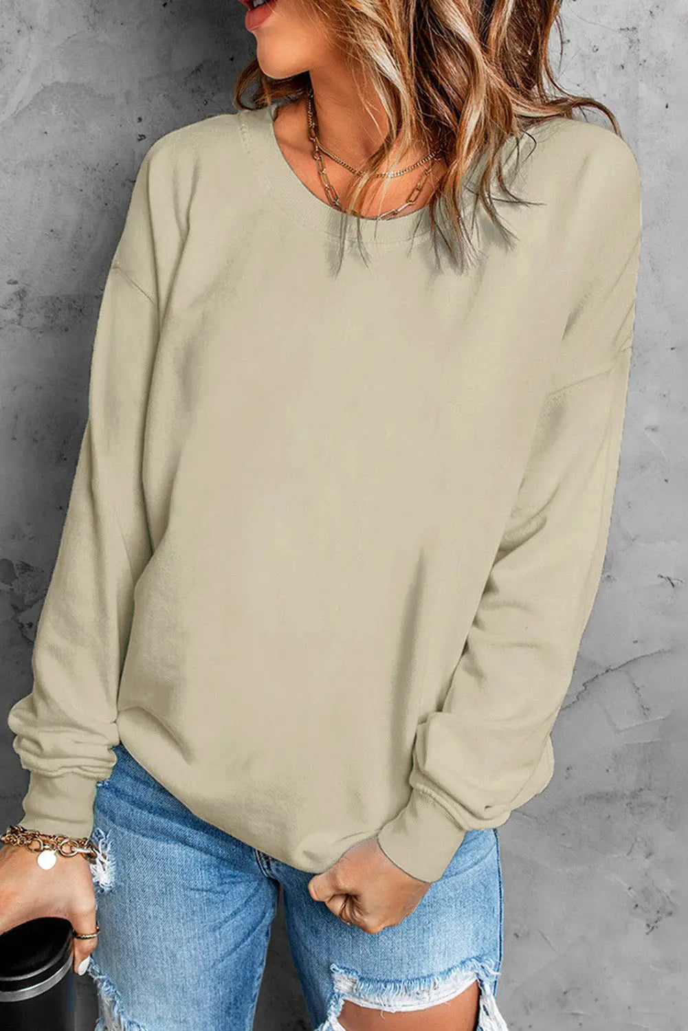 Orange plain crew neck pullover sweatshirt - khaki / s / 70% polyester + 30% cotton - tops