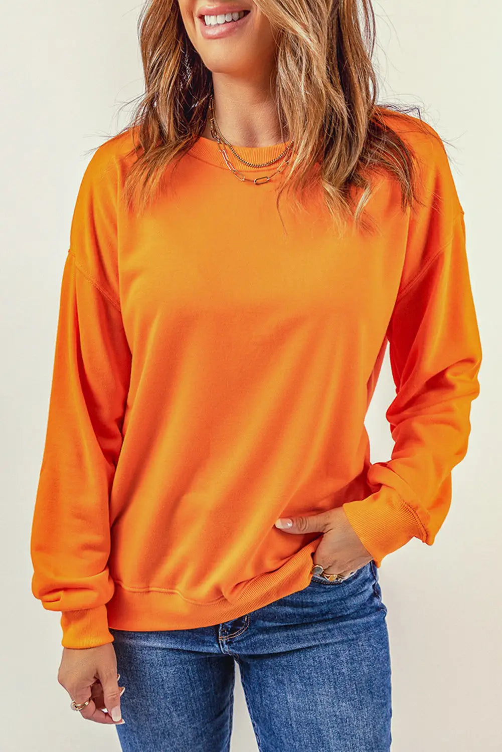 Orange plain crew neck pullover sweatshirt - s / 70% polyester + 30% cotton - tops