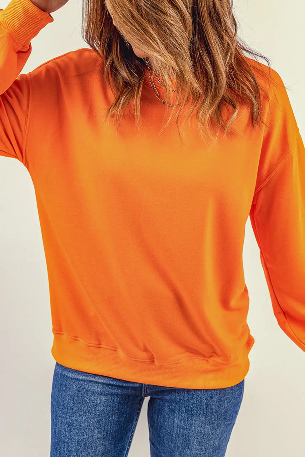 Orange plain crew neck pullover sweatshirt - tops