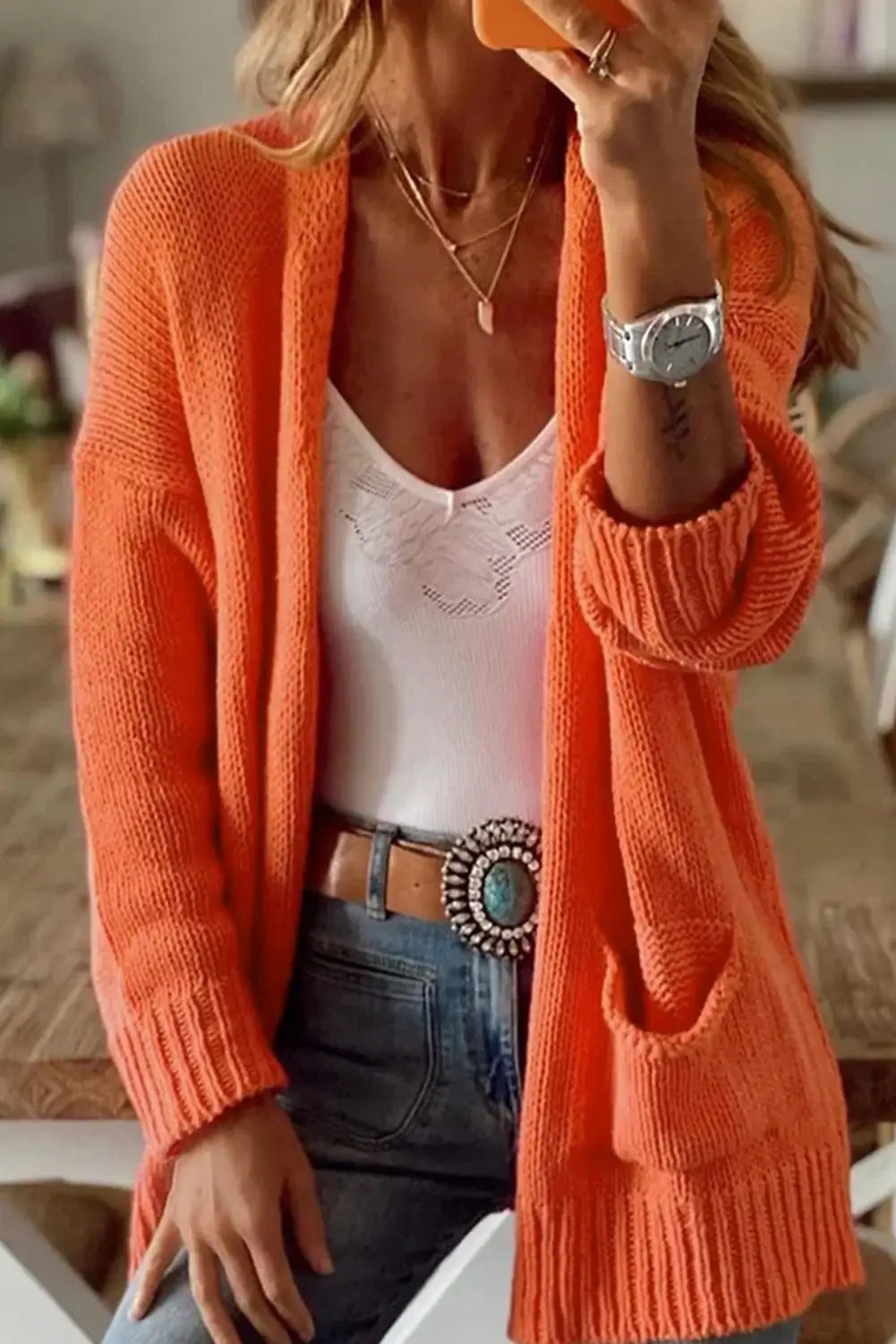 Orange plain dual pockets open front cardigan - l / 100% acrylic - sweaters & cardigans