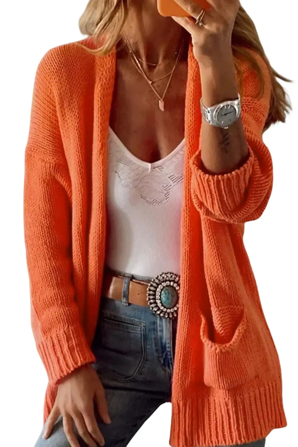 Orange plain dual pockets open front cardigan - sweaters & cardigans