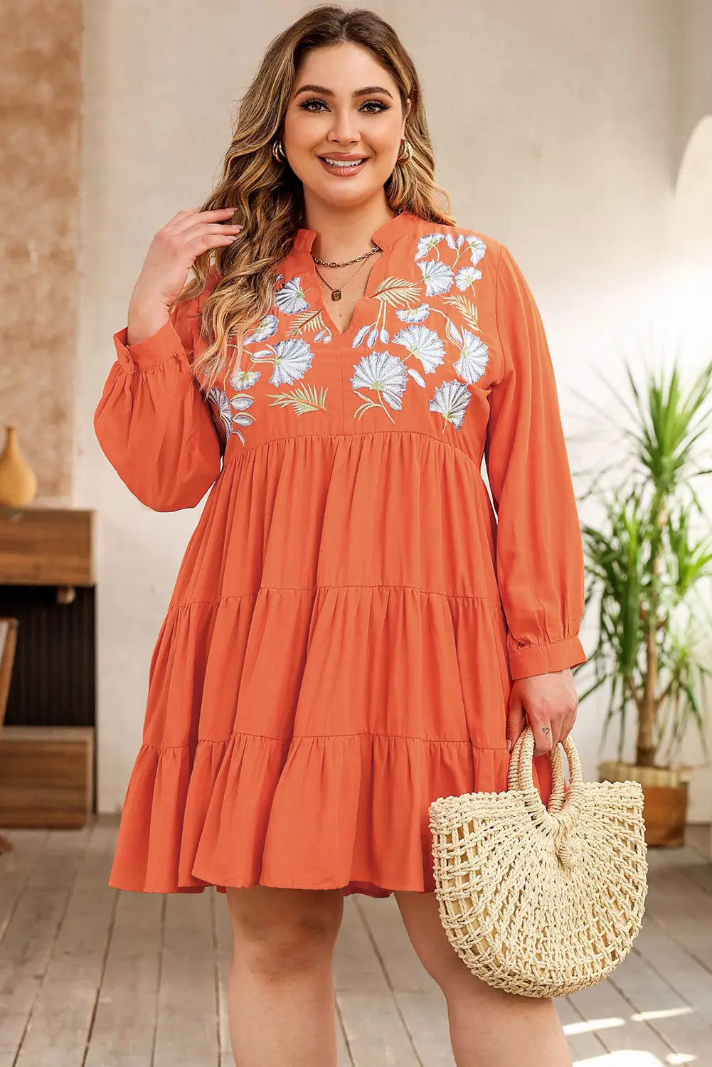 Orange plus size embroidered tiered ruffle dress - 1x / 75% viscose + 25% polyester