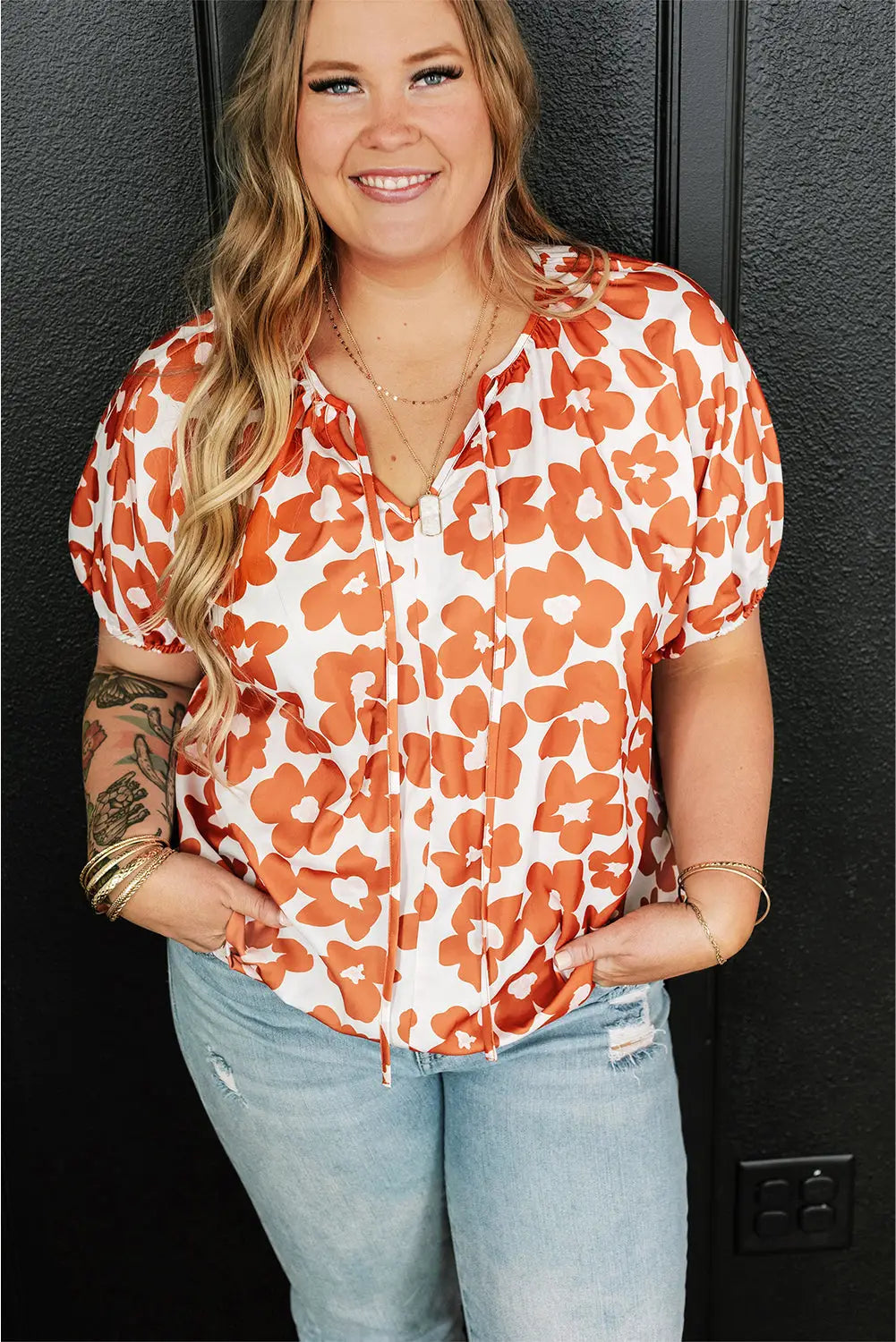 Orange plus size floral short sleeve blouse - 1x / 100% polyester - blouses & shirts