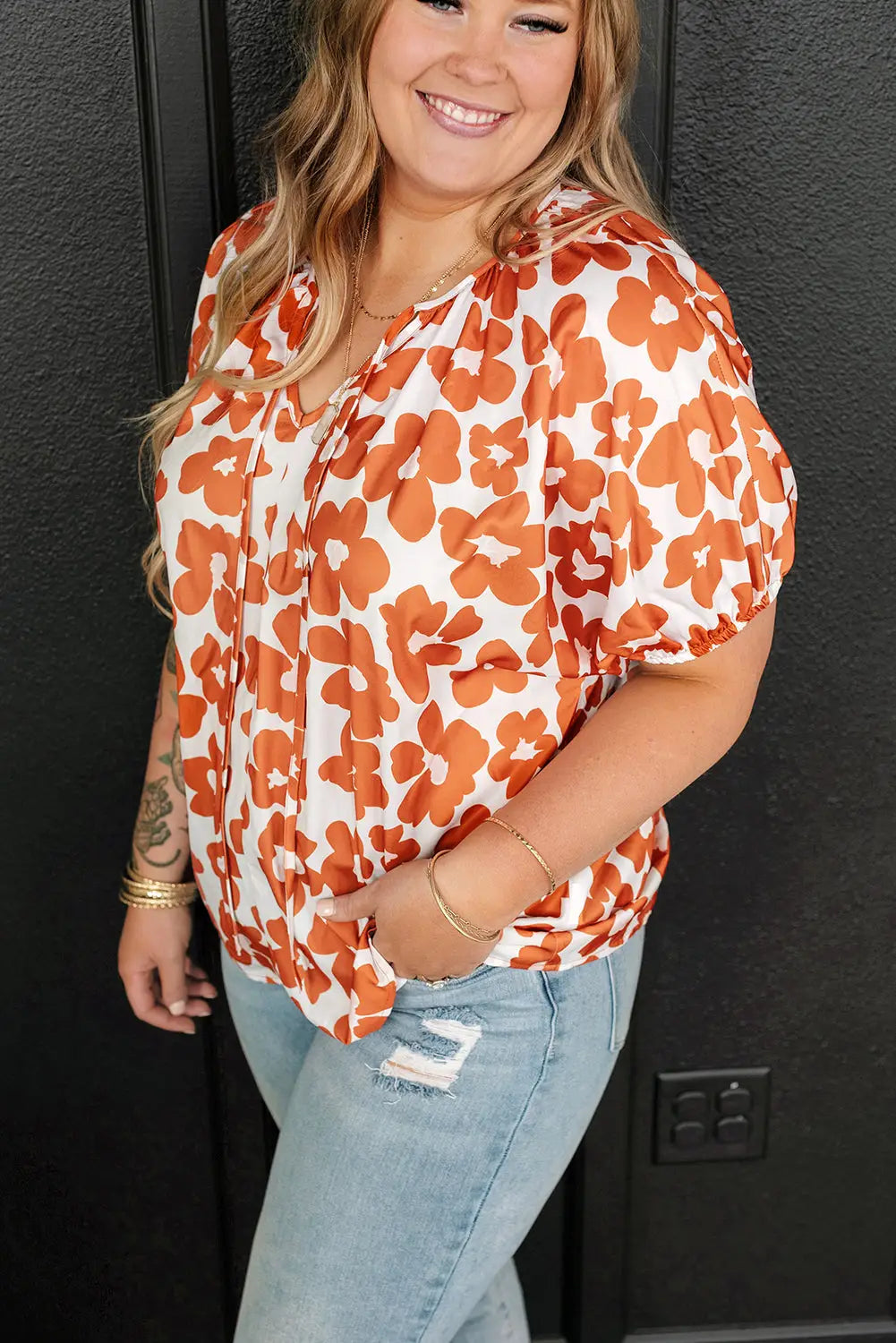 Orange plus size floral short sleeve blouse - blouses & shirts