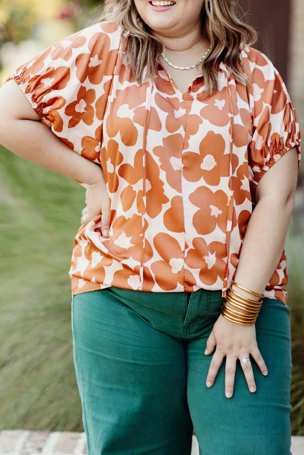 Orange plus size floral short sleeve blouse - blouses & shirts