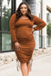 Orange plus size ruched drawstring bodycon dress