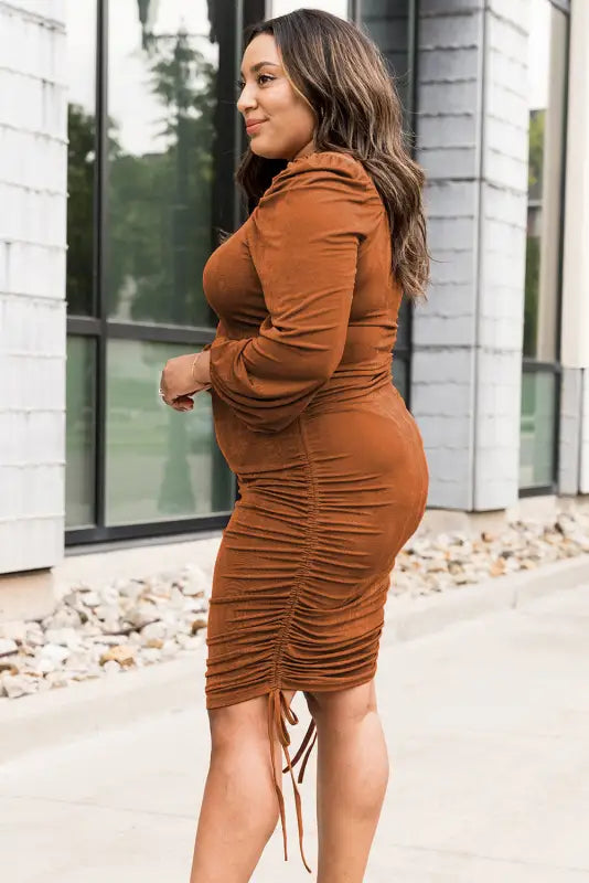 Orange plus size ruched drawstring bodycon dress