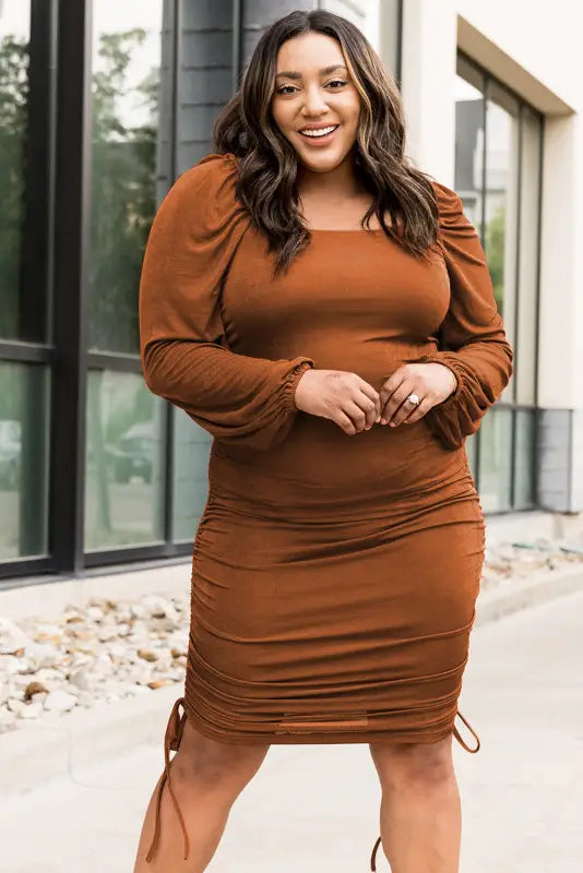 Orange plus size ruched drawstring bodycon dress