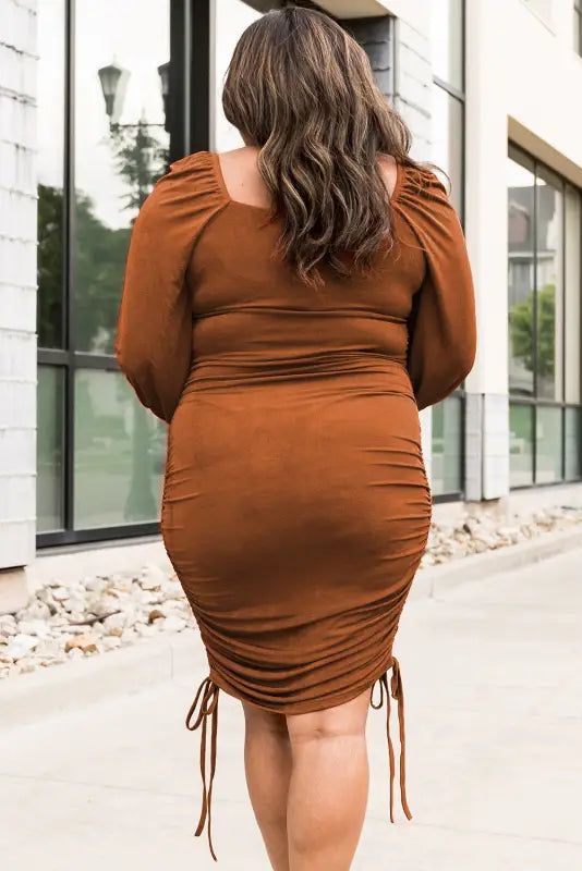 Orange plus size ruched drawstring bodycon dress