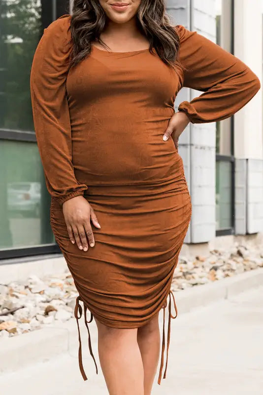 Orange plus size ruched drawstring bodycon dress - 4x / 95% polyester + 5% elastane