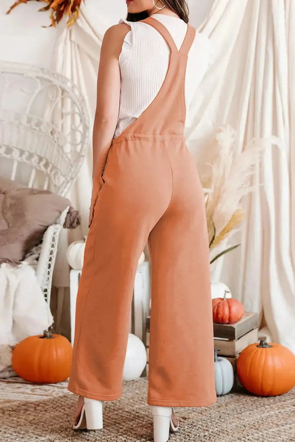 Orange Drawstring Wide Leg Overalls - Fashionfitz
