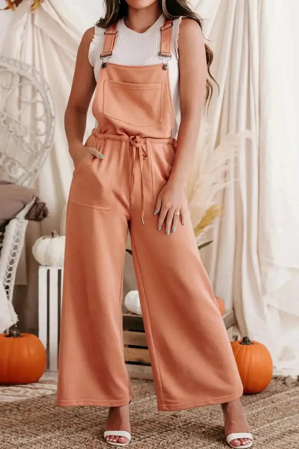 Orange Drawstring Wide Leg Overalls - Fashionfitz