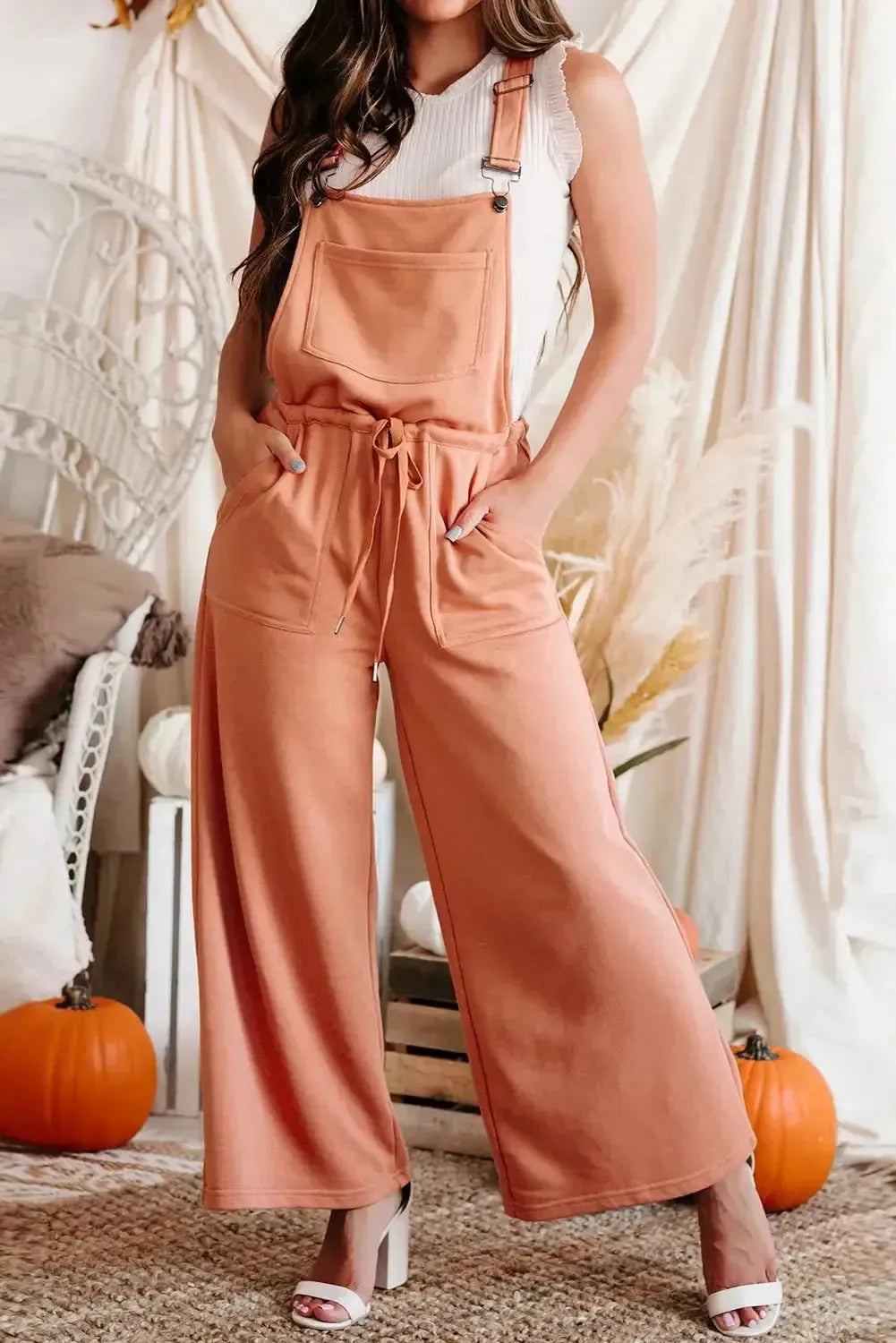 Orange Drawstring Wide Leg Overalls - Fashionfitz