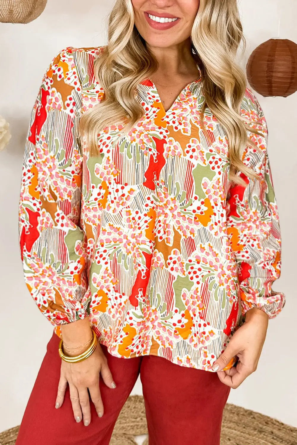 Orange printed boho print v neck ruched bishop sleeve blouse - 1x / 100% polyester - tops