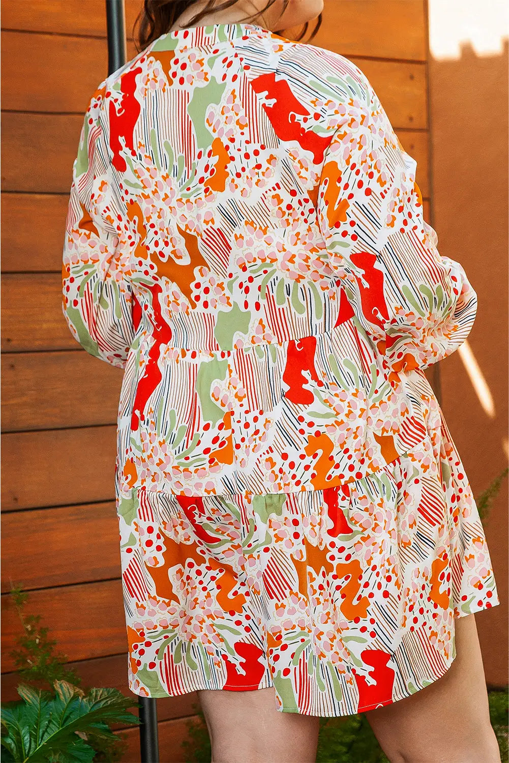 Orange printed boho print v neck ruched bishop sleeve blouse - tops