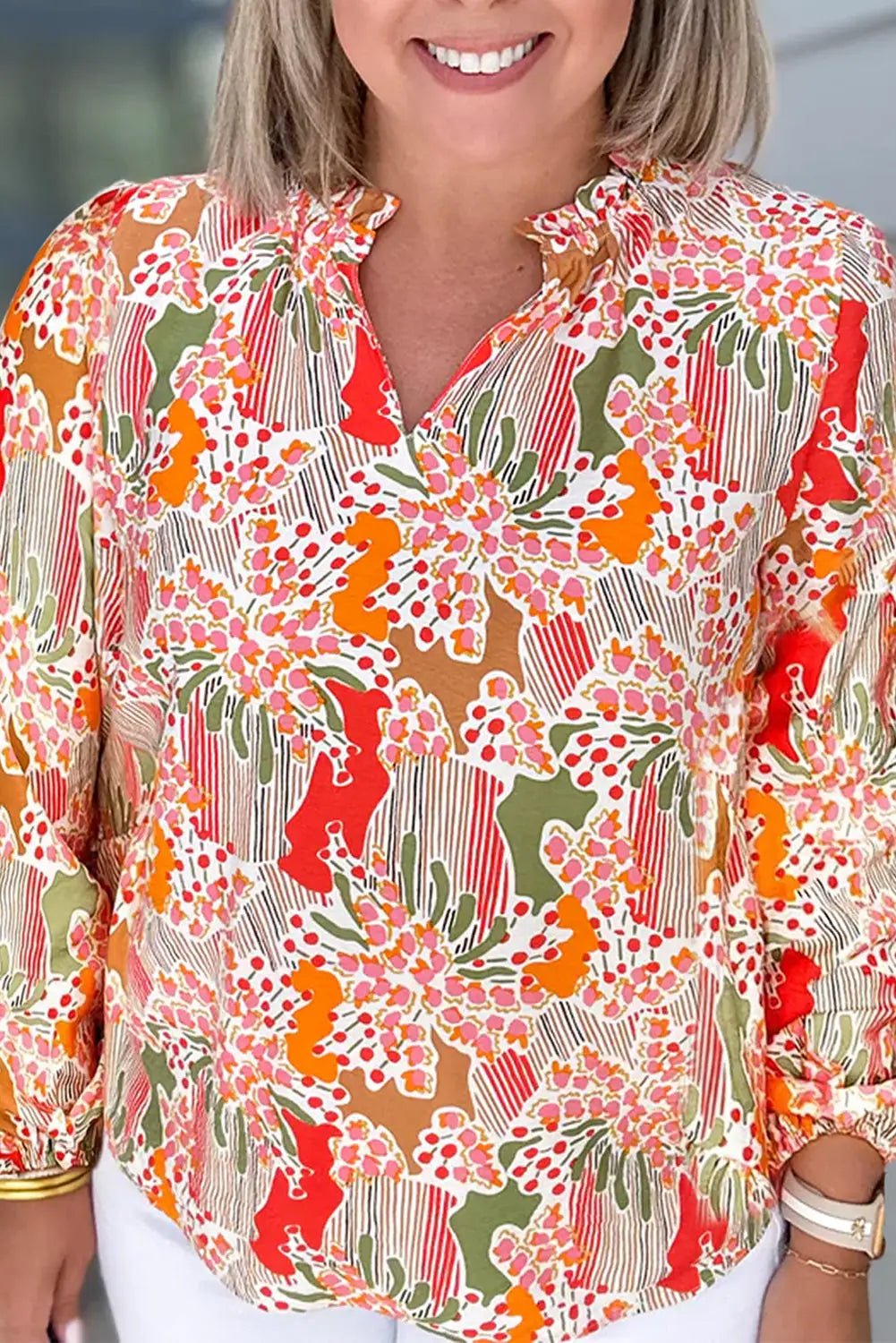 Orange printed boho print v neck ruched bishop sleeve blouse - tops