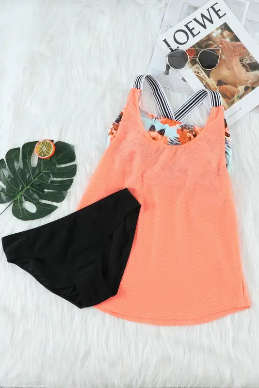 Orange printed splicing racerback tankini - tankinis