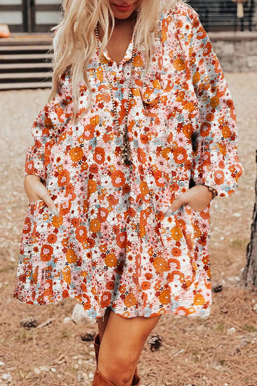 Orange printed split neck floral pocketed shift dress - l / 100% polyester - dresses
