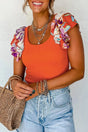 Ladies orange ribbed knit bodysuit with multicolor ruffled sleeves, styled with light-wash jeans and layered necklaces for a chic summer look.