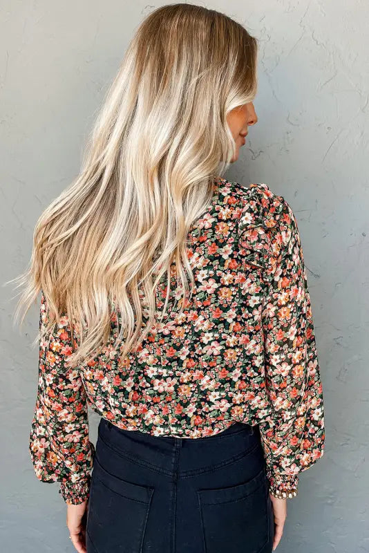 Orange ruffle trim shirred cuffs floral blouse - blouses & shirts