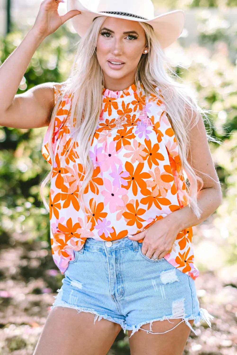 Orange ruffled sleeve smocked floral top - s / 100% polyester - tops