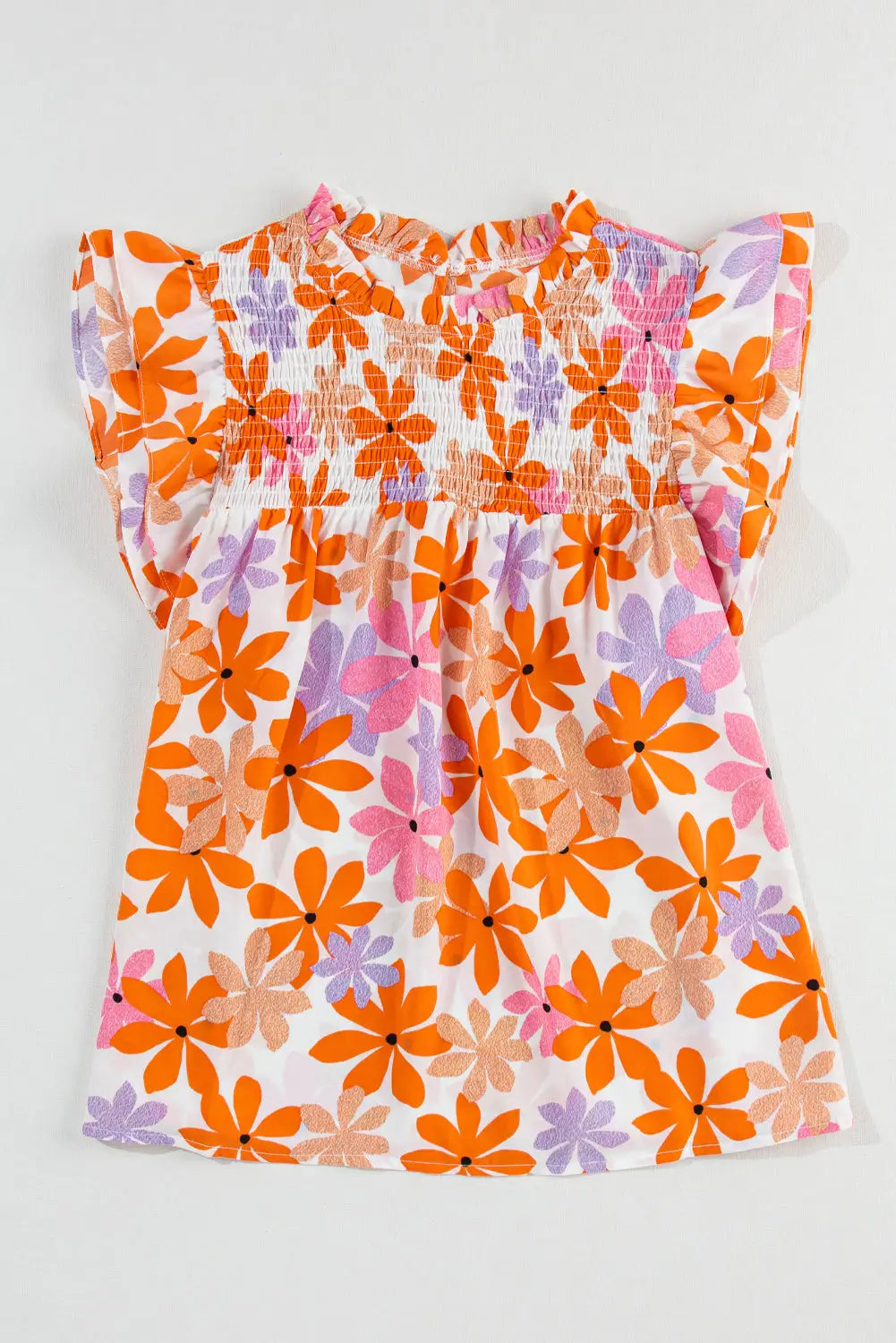 Orange ruffled sleeve smocked floral top - tops
