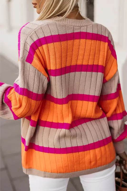 Orange striped colorblock drop shoulder slouchy cardigan - cardigans