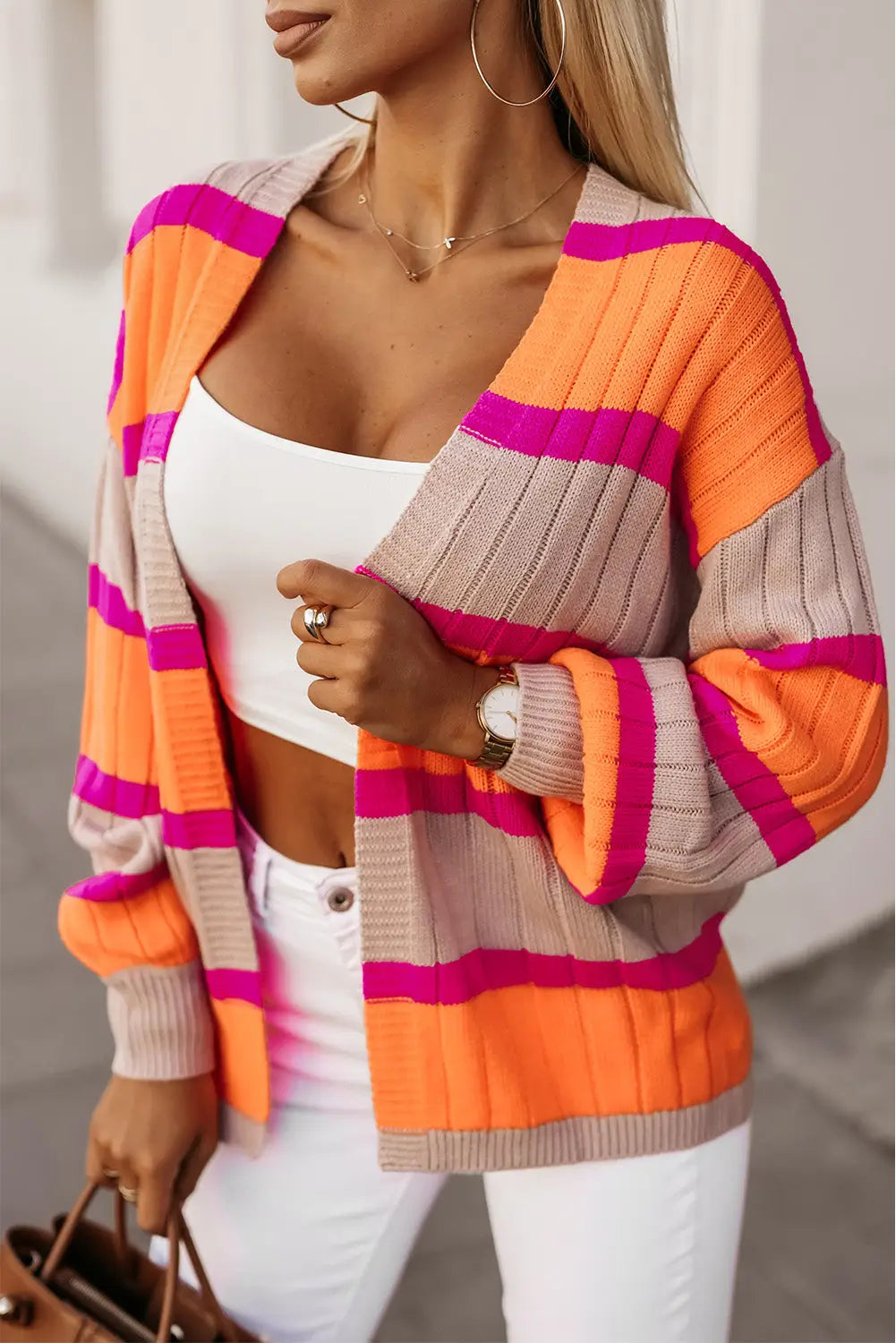 Orange striped colorblock drop shoulder slouchy cardigan - s / 100% acrylic - sweaters & cardigans