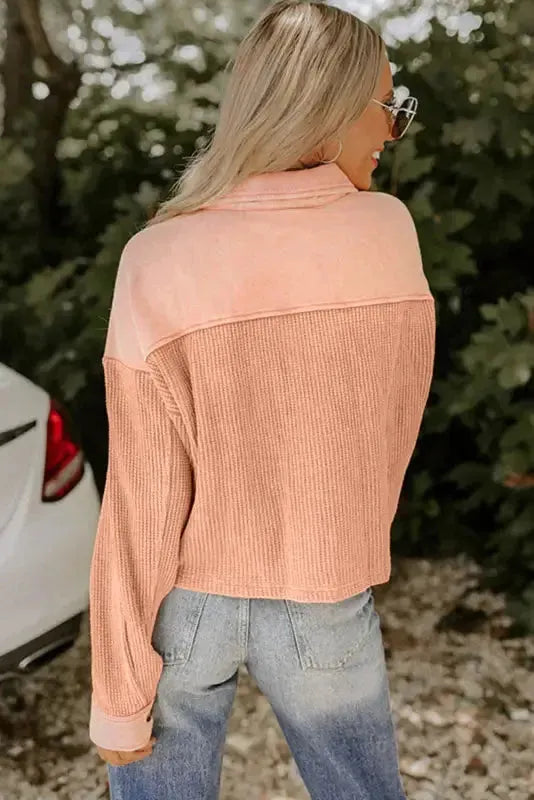 Orange Textured Waffle Knit Chest Pockets Cropped Shacket - Fashionfitz