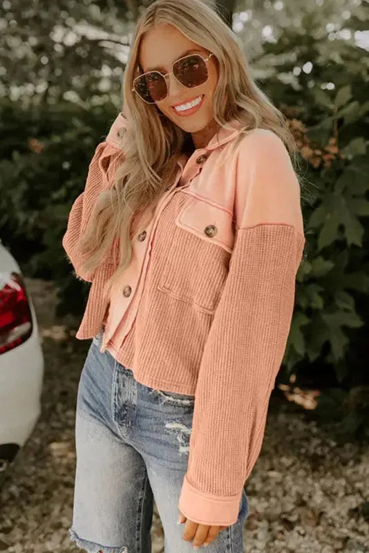 Orange Textured Waffle Knit Chest Pockets Cropped Shacket - Fashionfitz