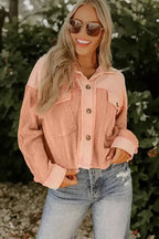 Orange Textured Waffle Knit Chest Pockets Cropped Shacket - Fashionfitz