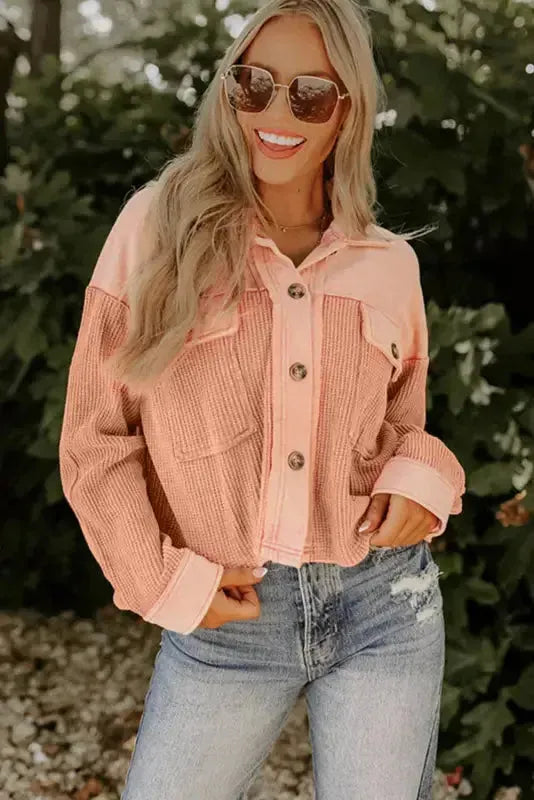 Orange Textured Waffle Knit Chest Pockets Cropped Shacket - Fashionfitz