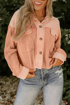 Orange Textured Waffle Knit Chest Pockets Cropped Shacket - Fashionfitz