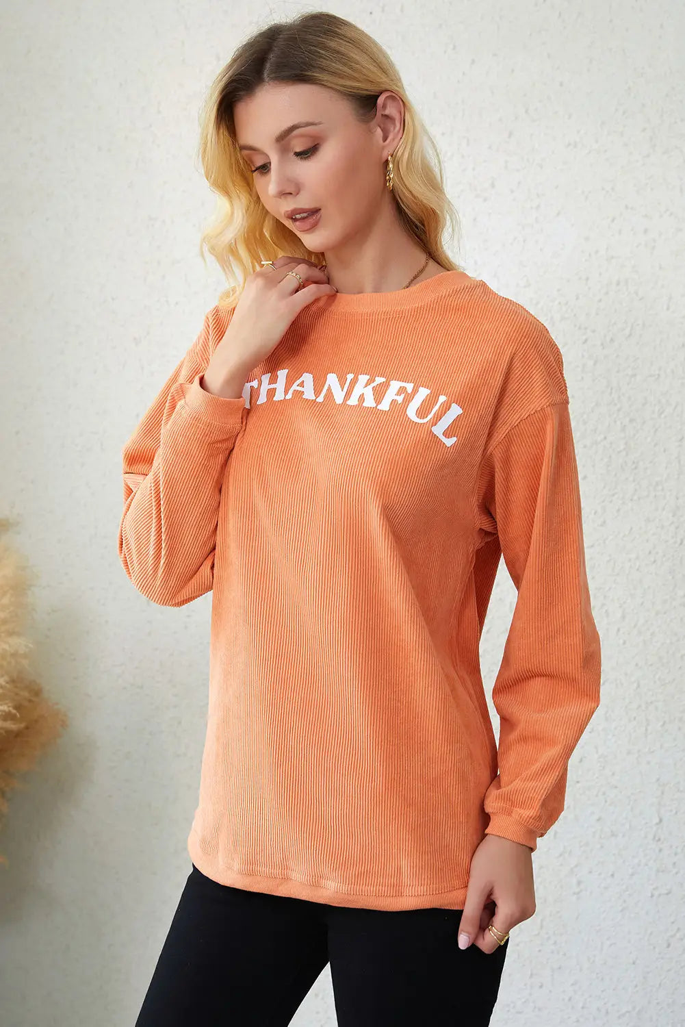 Orange thankful ribbed corded oversized sweatshirt - sweatshirts & hoodies