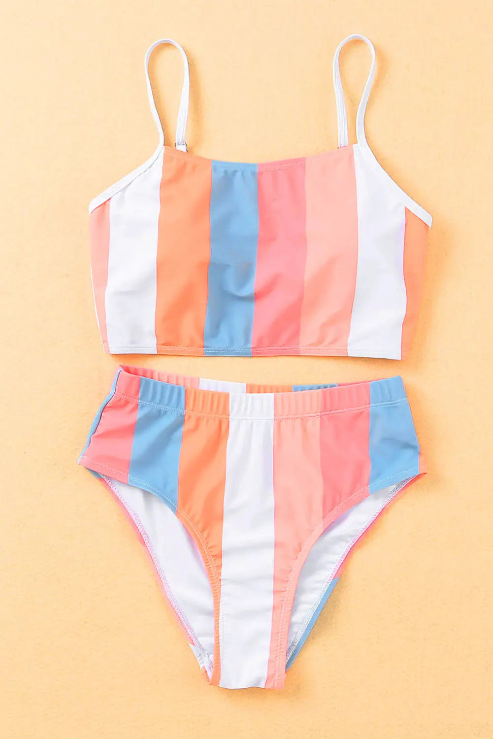 Orange vertical striped high waist bikini swimsuit - swimwear