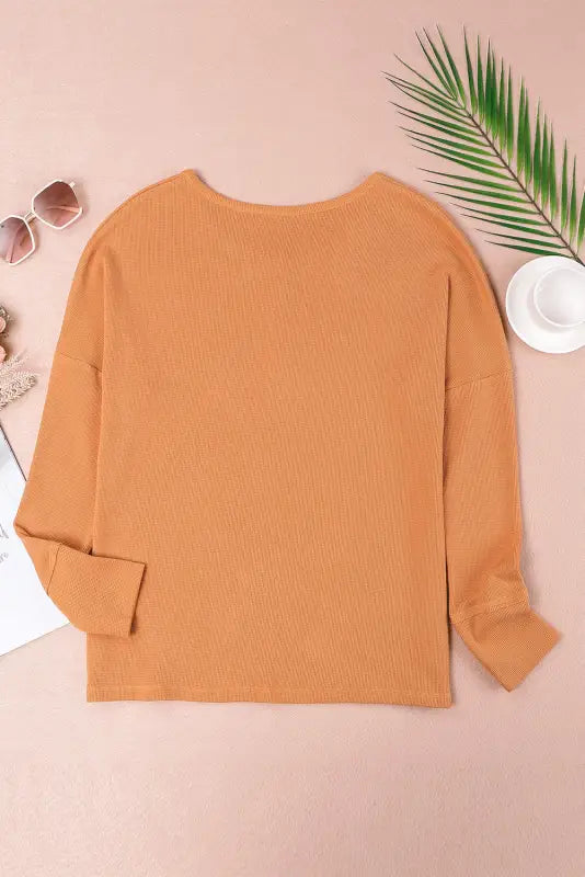 Orange waffle knit henley top - long sleeve tops