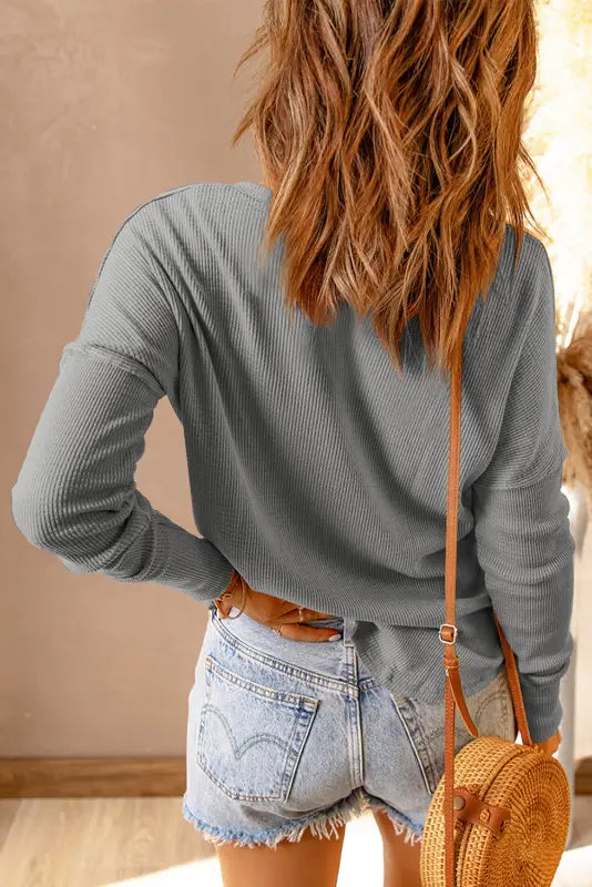 Orange waffle knit henley top - long sleeve tops