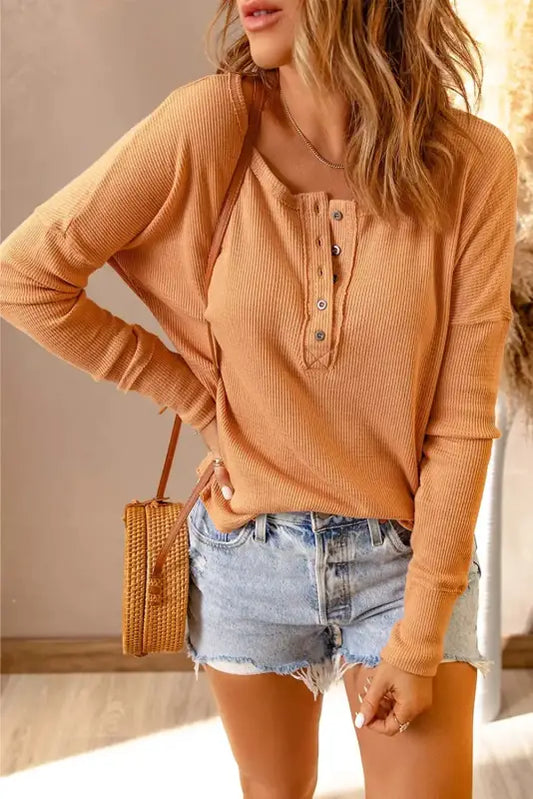 Orange waffle knit henley top - s / 62% polyester + 32% cotton + 6% elastane - long sleeve tops