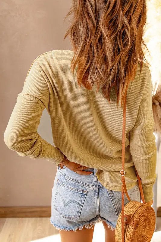 Orange waffle knit henley top - long sleeve tops