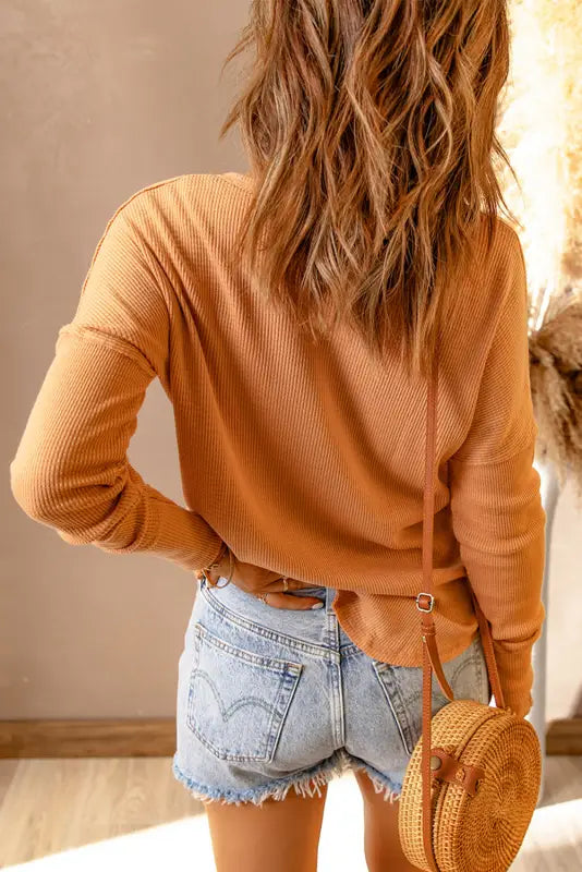 Orange waffle knit henley top - long sleeve tops