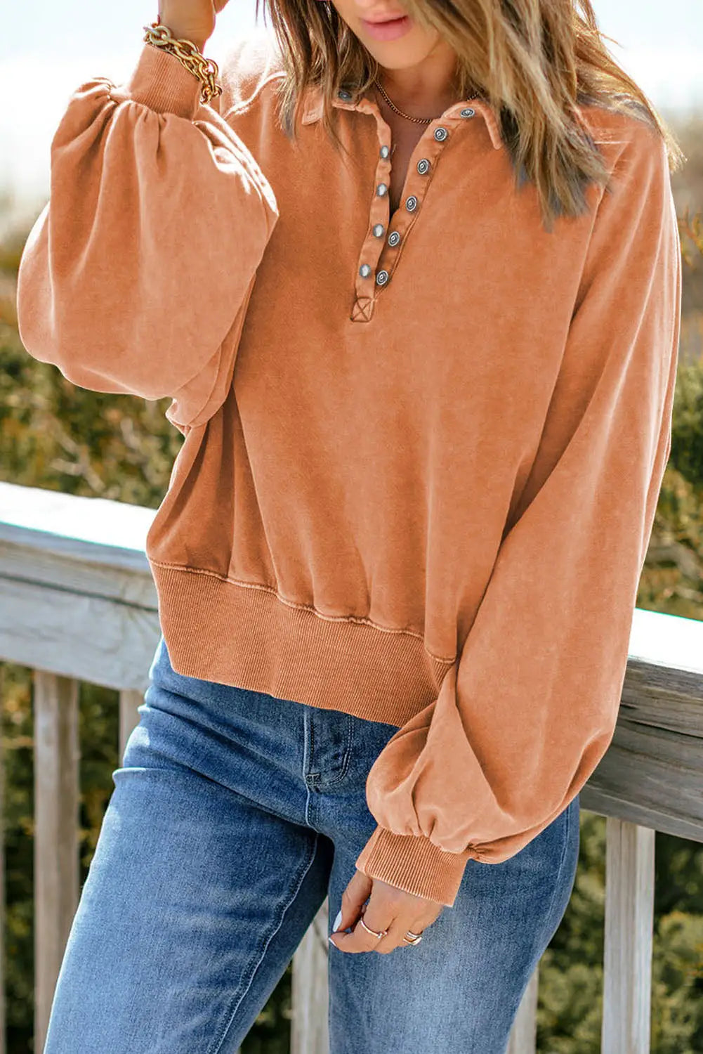 Orange washed snap buttons lantern sleeve pullover sweatshirt - sweatshirts & hoodies
