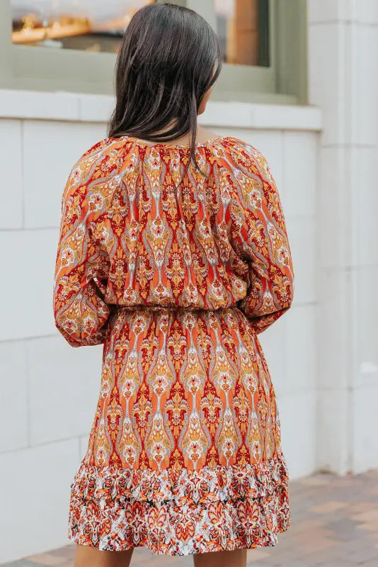 Orange western pattern print lantern sleeve drawstring mini dress - dresses